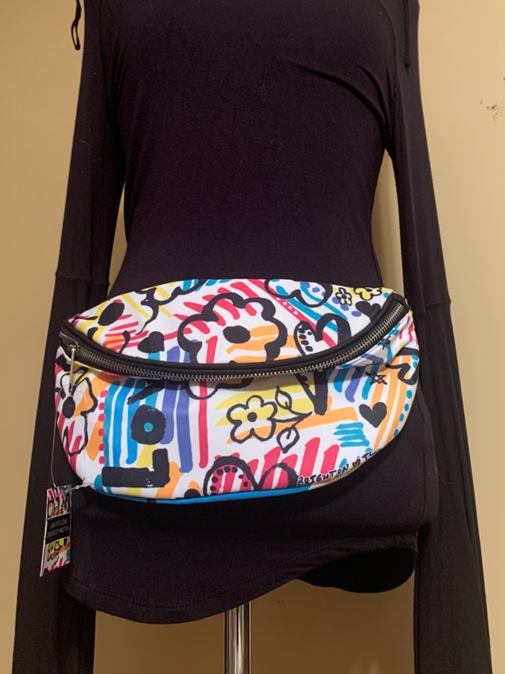 BRIGHTON Love Cross multi color graffiti print body belt bag NWT